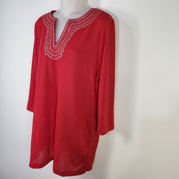 SML Design Tunic Top Womens Medium Metallic Embellished Red 3/4 Sleeve Knit NWT - Picture 6 of 10